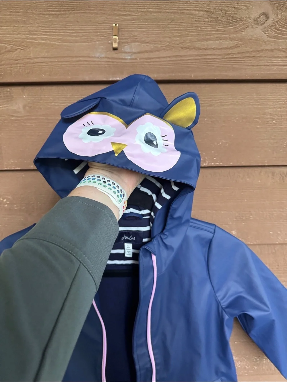 Joules Striped Navy & White Kids Jacket with Owl Hoodie Detail size 4